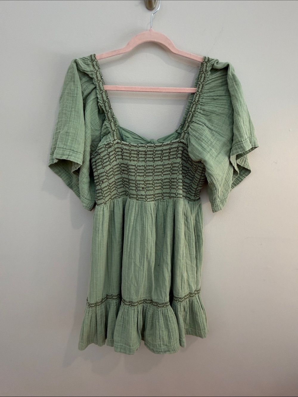 Free People Mini Dress Smocked Puff Sleeve Peasant Top - Sage Green